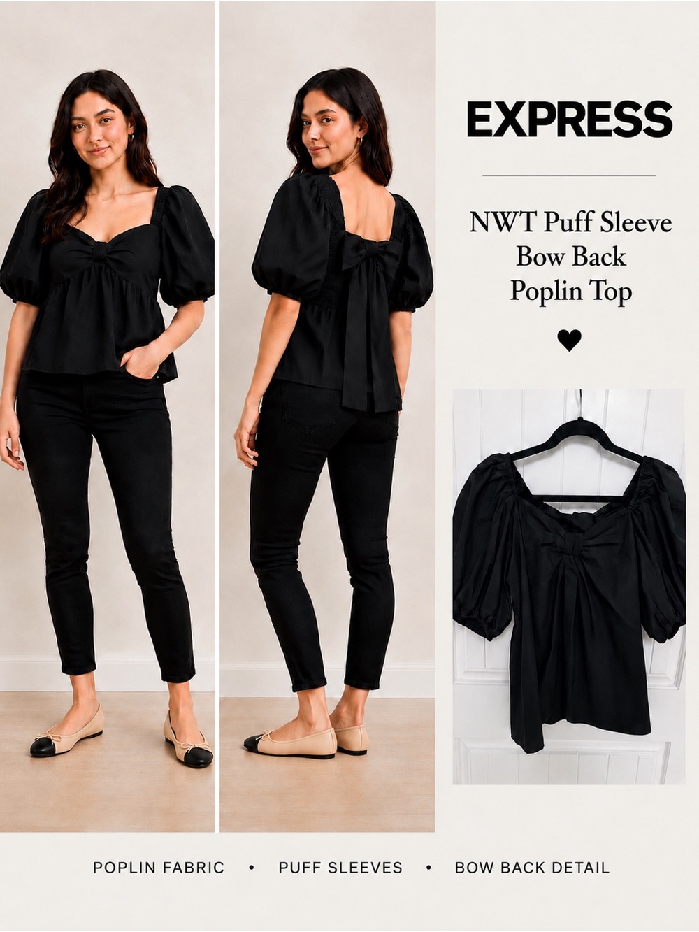 Express Black Puff Sleeve Bow-Back Poplin Blouse